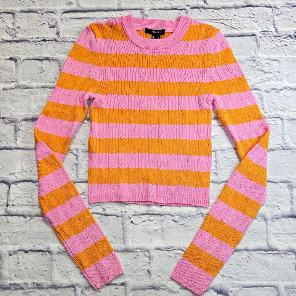 Forever 21 Pink & Orange Striped Knit Sweater Size Small Y2K Preppy